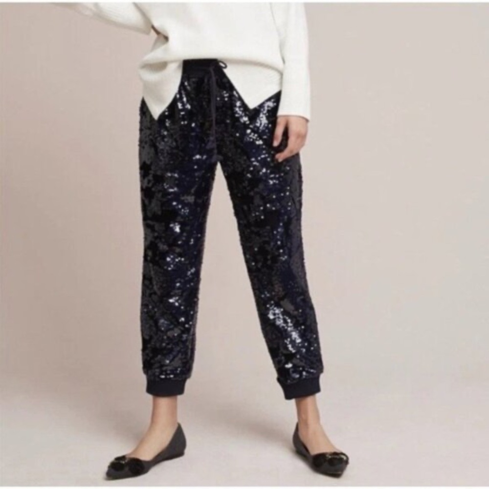 Like New! {ett:twa · Anthro} Navy Blue Velvet X Sequin Stretch Jogger Pants | XL